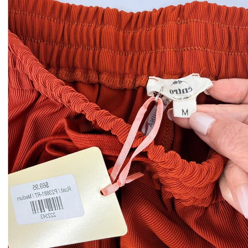 Entro Rust Orange Ribbed Knit Ric Rac Trim Crop Top and Wide Leg Pants Set MED